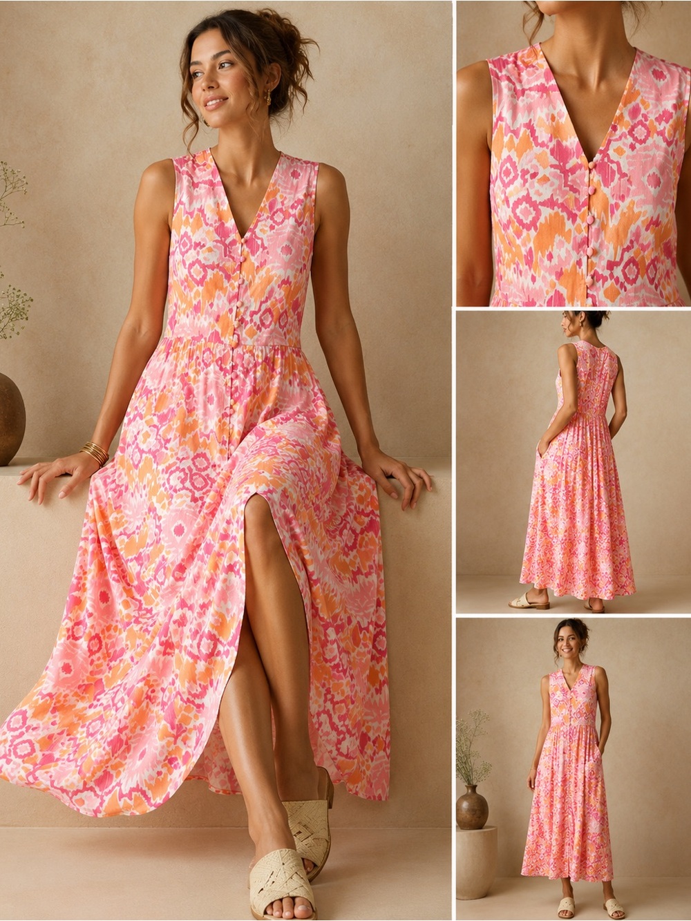 Walker & Wade Pink & Orange Ikat Maxi Dress | XS